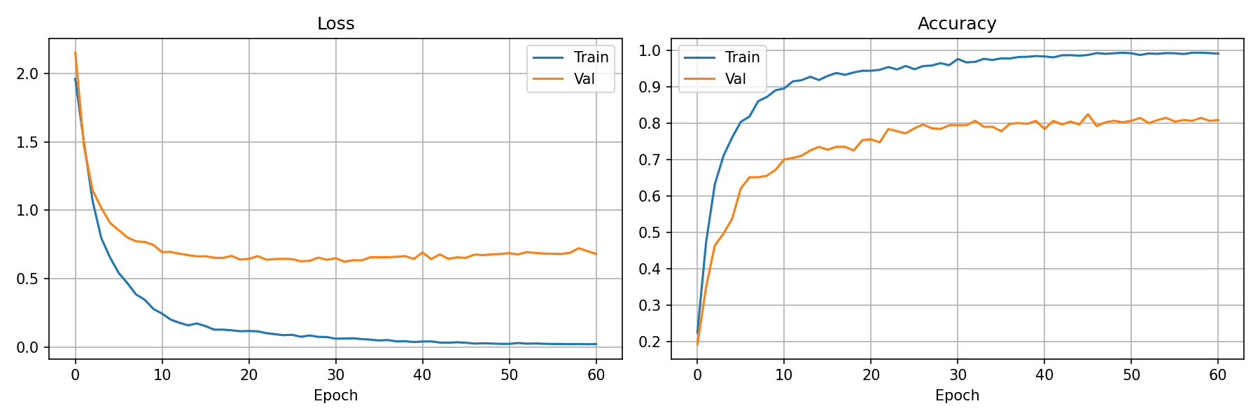 TinyMobile classifier training and validation loss/accuracy curves over 61 epochs