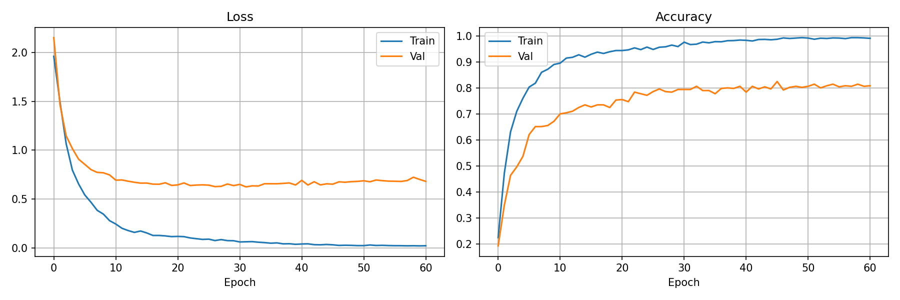 TinyMobile classifier training and validation loss/accuracy curves over 61 epochs
